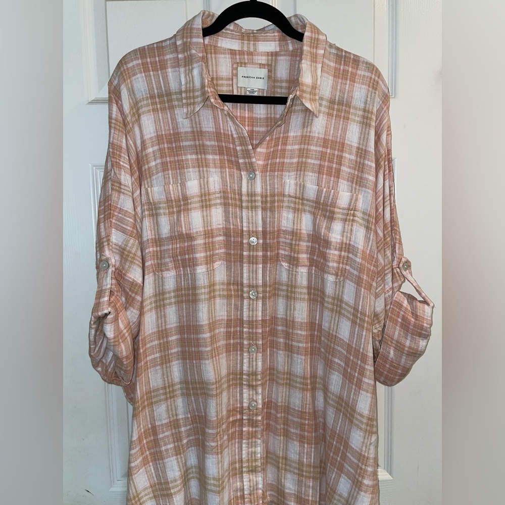NEW American Eagle Linen Plaid Summer Button-up Shirt Pink/orange Women’s Large